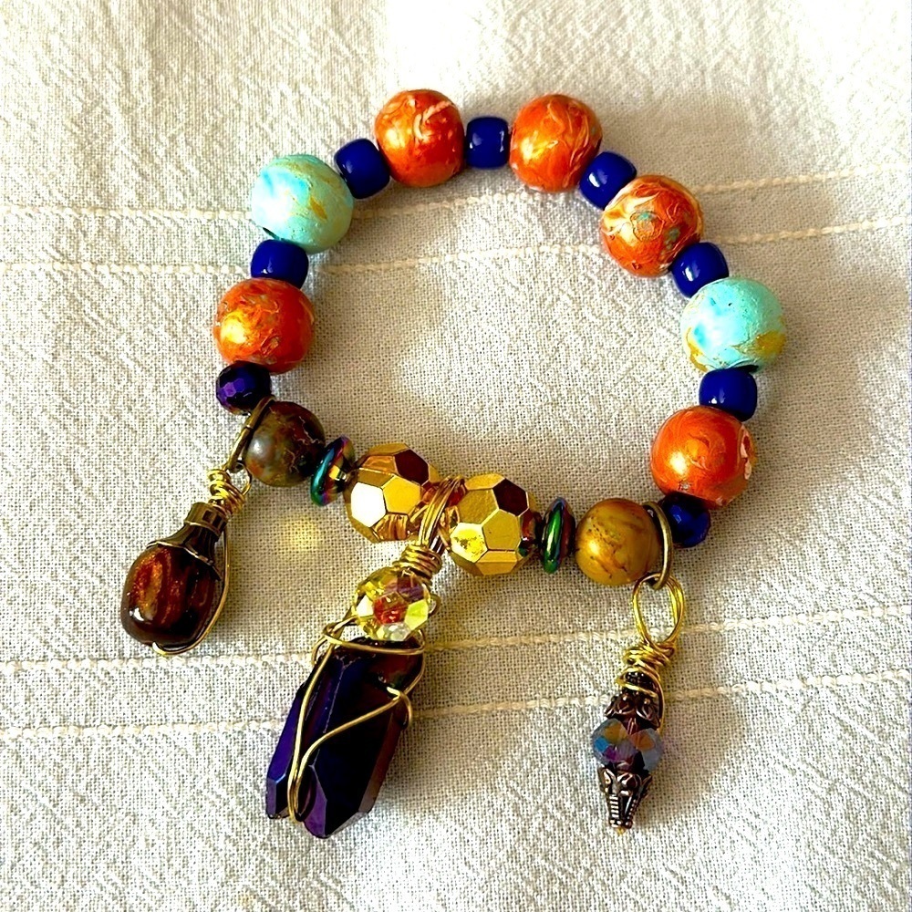 Hand crafted bracelet Collage hand painted Beads with hand made glass charms